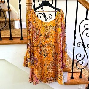 Yellow paisley hippie dress with bell sleeves